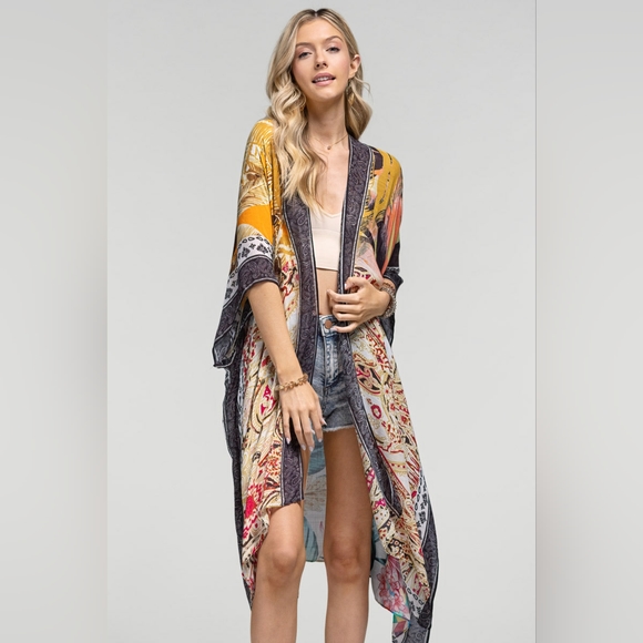 Tropical & Floral Print Kimono w Side Slits - Lightweight Jacquard Fabric - Picture 3 of 9